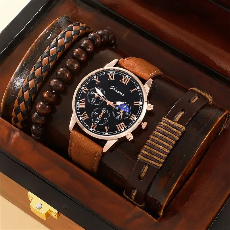 Fashion Mens Sports Watches Man Business Quartz Wristwatch Luxury Brown Leather Bracelet Men Casual Luminous Clock Watch