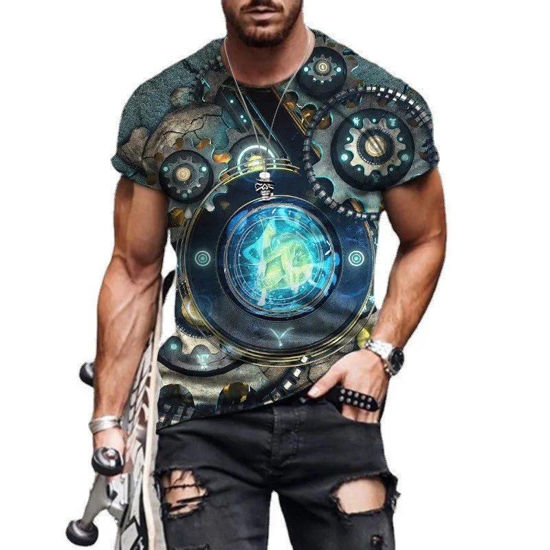 

Retro trend 3D digital printing creative graphic short sleeved personalized round neck casual T-shirt for men