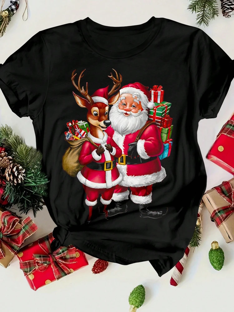 Merry Christmas Santa Claus Deer Print Women T-Shirt Fashion Short Sleeve T Shirt Streetwear Harajuku Female Tees Tops Vibrant