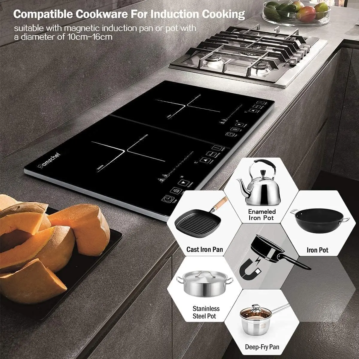 AMZCHEF-Plaque de cuisson électrique à double induction, 2 brûleurs, faible bruit, avec capteur tactile 1800W