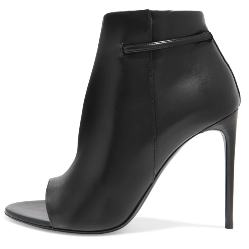 

Peep Toe Black Matte Ankle Boots Single Band Open Toe Cutouts Stiletto High Heels Women Short Booties Side Zipper Lady Footwear