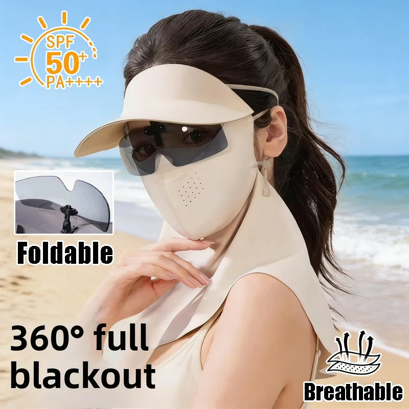 

Women’s Full Face Sun Protection Hood with Integrated Glasses Ice Silk Anti-UV Mask Combo Breathable Summer Outdoor Essential