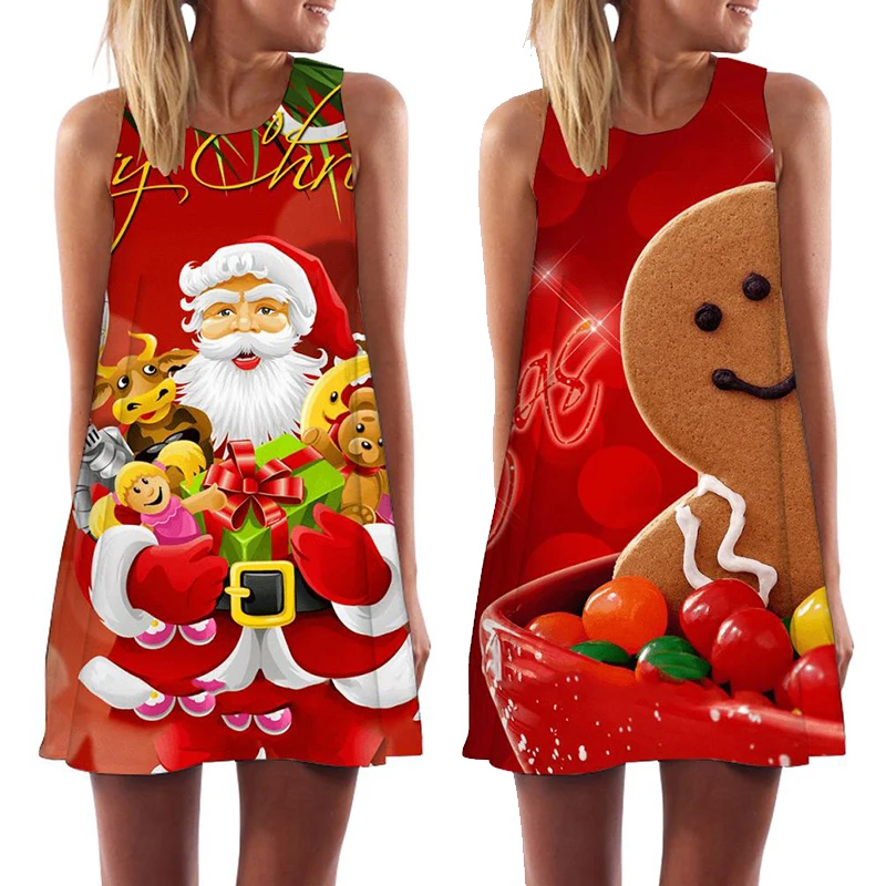 

New Red Christmas Theme Print Women's Dress Santa Claus Sleeveless Dresses Snowman Midi Dress for Female Loose-fitting Vestidos