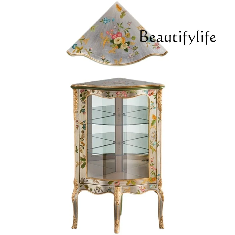 French Romantic Palace Style Hand-Painted Single Door Display Cabinet Made of Glass Villa Living Room Triangle Locker