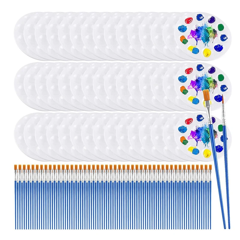 150Pcs Paint Brush Palette Set, 50Pcs Plastic Paint Palette, 100Pcs Paint Brushes, Paint Tray For Watercolor Painting