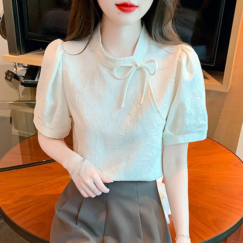 

New Summer Short Sleeve Blouse Women Apricot Chiffon Blouse Shirt Blusas Mujer De Moda 2024 Verano Women Tops Blouses Blusa G514