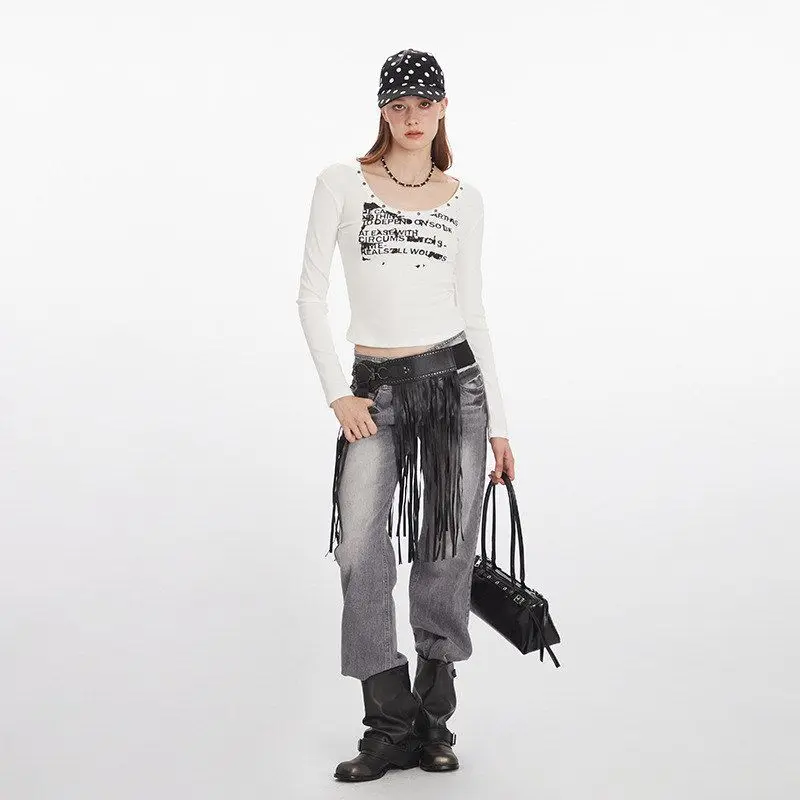 스파이시 걸 오르트 스웨트 티셔츠 여성용 긴 소매 브이넥 프린트 베이스 레이어 탑 헤이헨리2025 가을 컬렉션 슬림 핏 린넨...