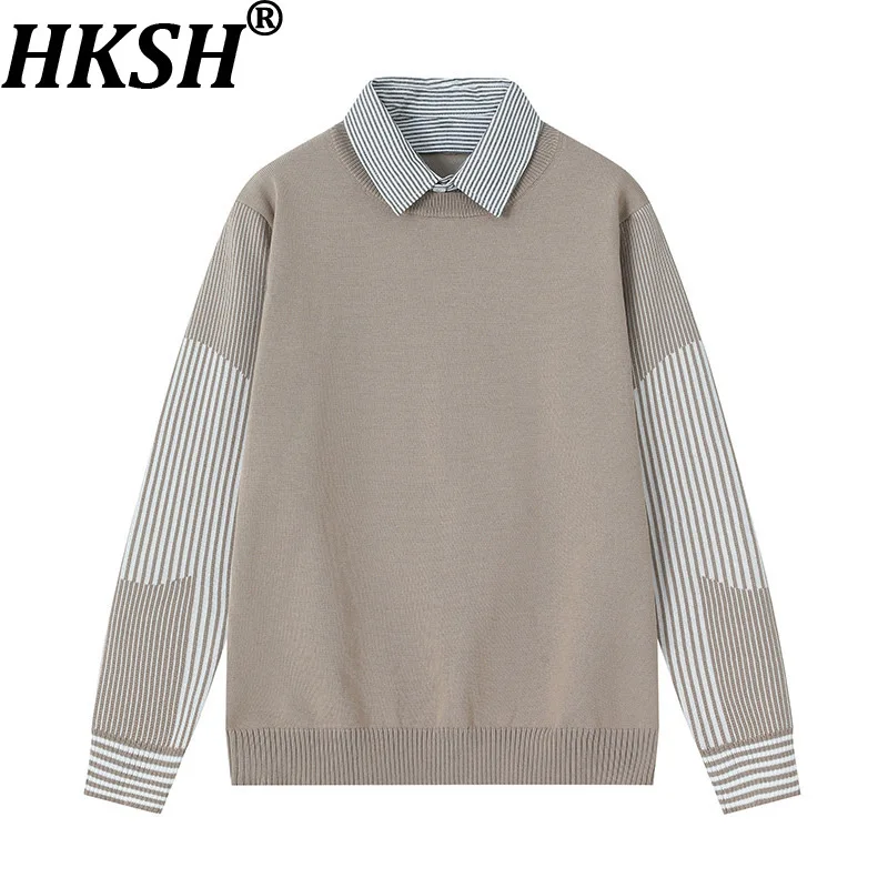 

Мужской свитер HKSH, осенне-зимняя новинка, в стиле фэшн, с эффектом двухслойности, в полоску, в стиле пэчворк, повседневный, универсальный, молодежный, элегантный, модный пуловер HK18479