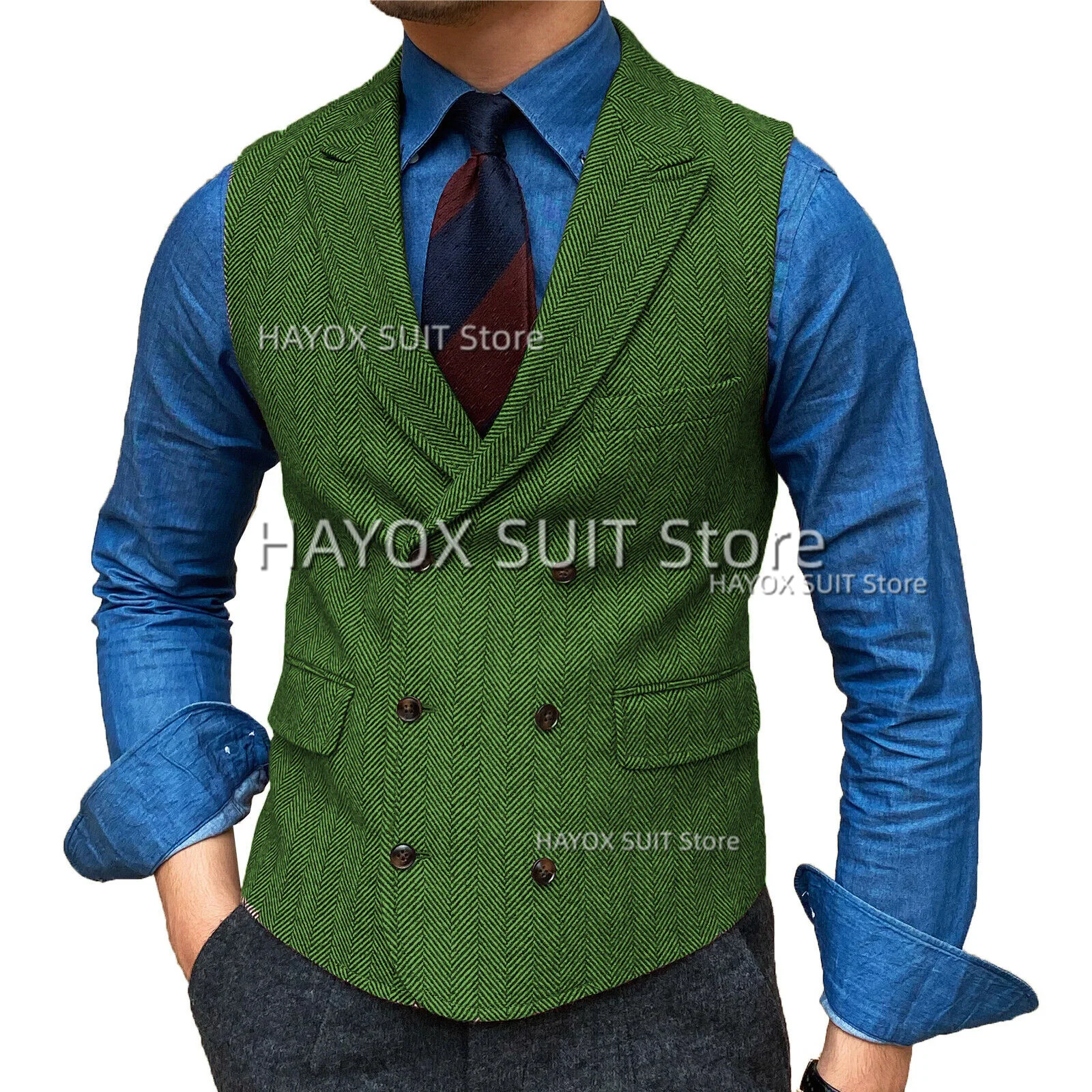 2022 Men's Italian Vest Herringbone Double Breasted Waistcoat Vintage Slim Fit Wool Chalecos For Wedding