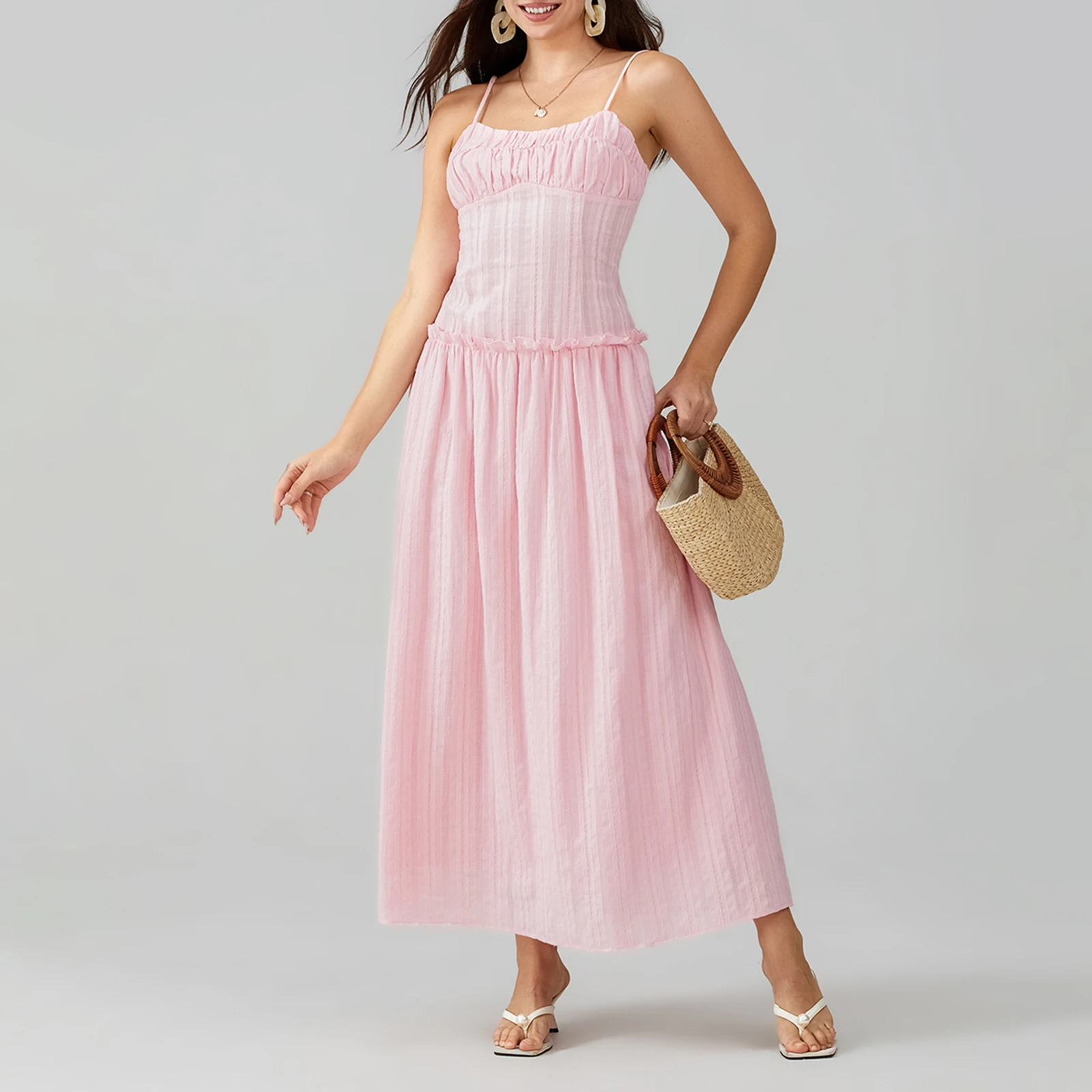 ผู้หญิงชุดยาวสีทึบสปาเก็ตตี้ Cami ฤดูร้อนแฟชั่นแขนกุดชุดลําลอง