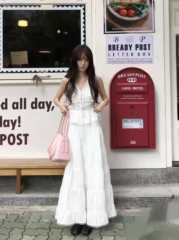 

Travel Tour White Holiday Sle Texture Belted Vest Lace Trim Skirt Two-Piece Set Women's Faion Summer V-Ne Polyester Dr