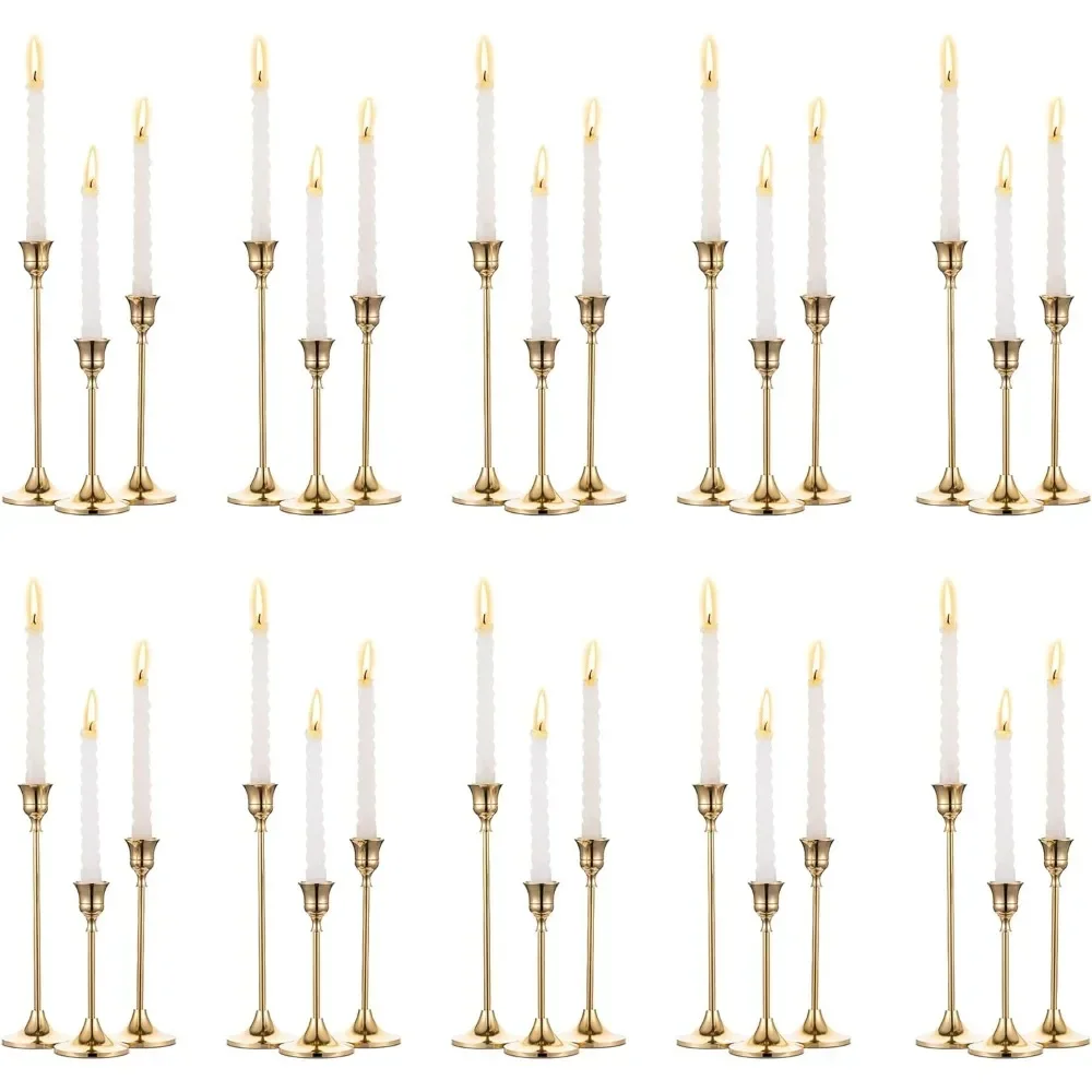 Candlestick Holders Taper Candle Holder 10 Sets(30 Pcs) Gold Candle Sticks Holder Metal Candle Holders for Tapered Candles Table