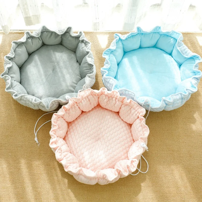 

Круглый теплый флисовый спальный мешок для кошек и собак, зима-лето, дышащая ткань из ледяной сетки, мягкая розовая синяя кровать для кошек