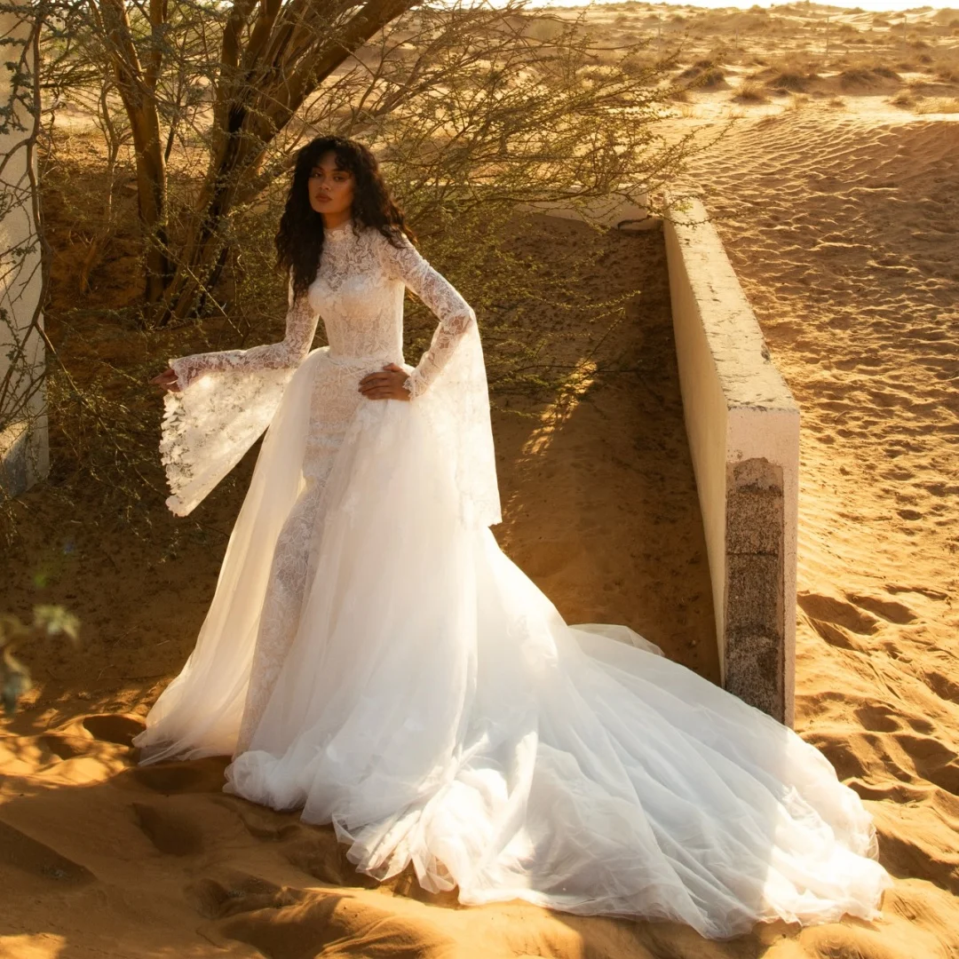 Boho Long Sleeves Wedding Dresses Lace Sweep Train Vestido de Novia Bustier Corset Mermaid Eveing Dress Vestidos Customized