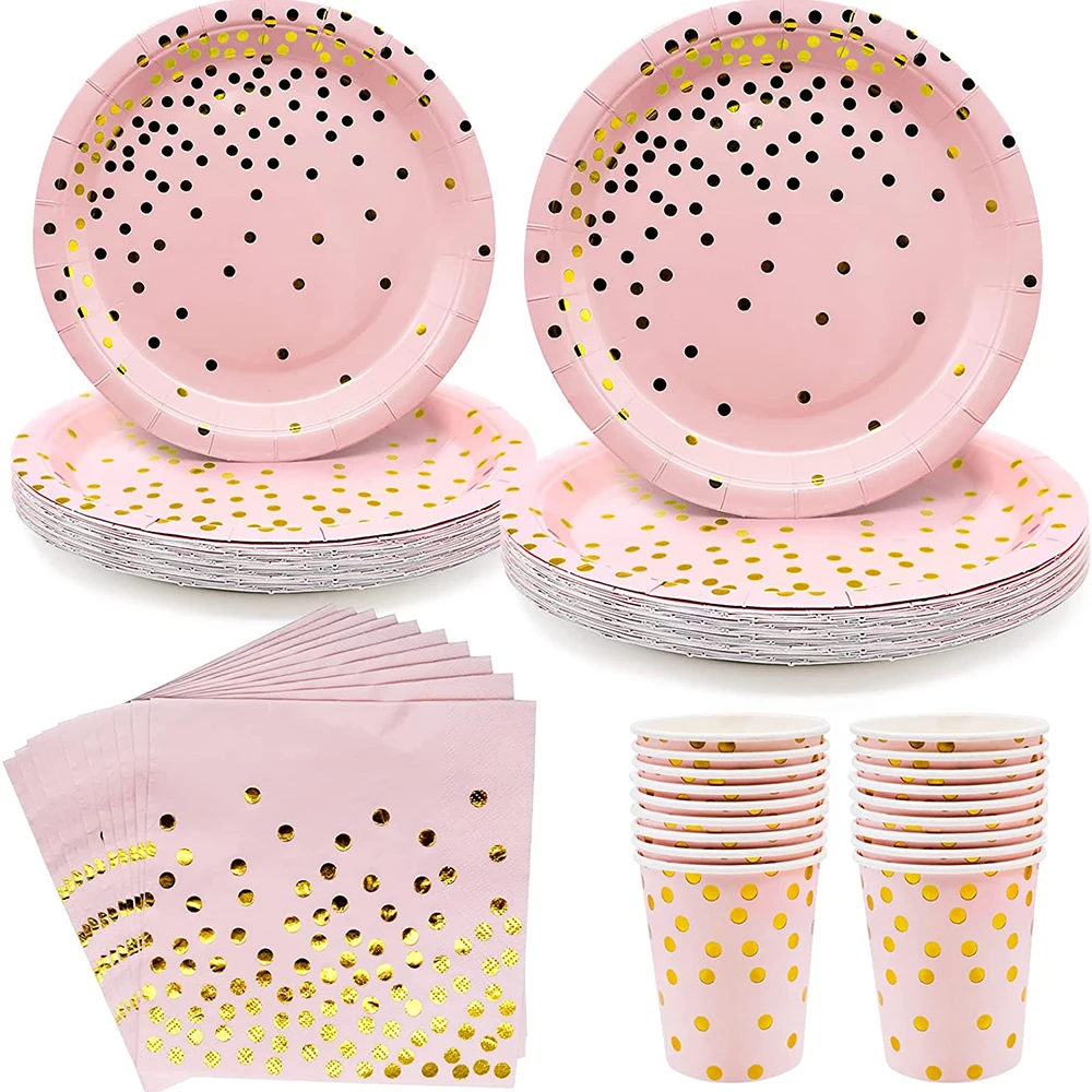 

50 pcs Pink Bronzing Party Kit Supplies Mug Tissue Plate Combo for Birthday Wedding Party Bridal Showe