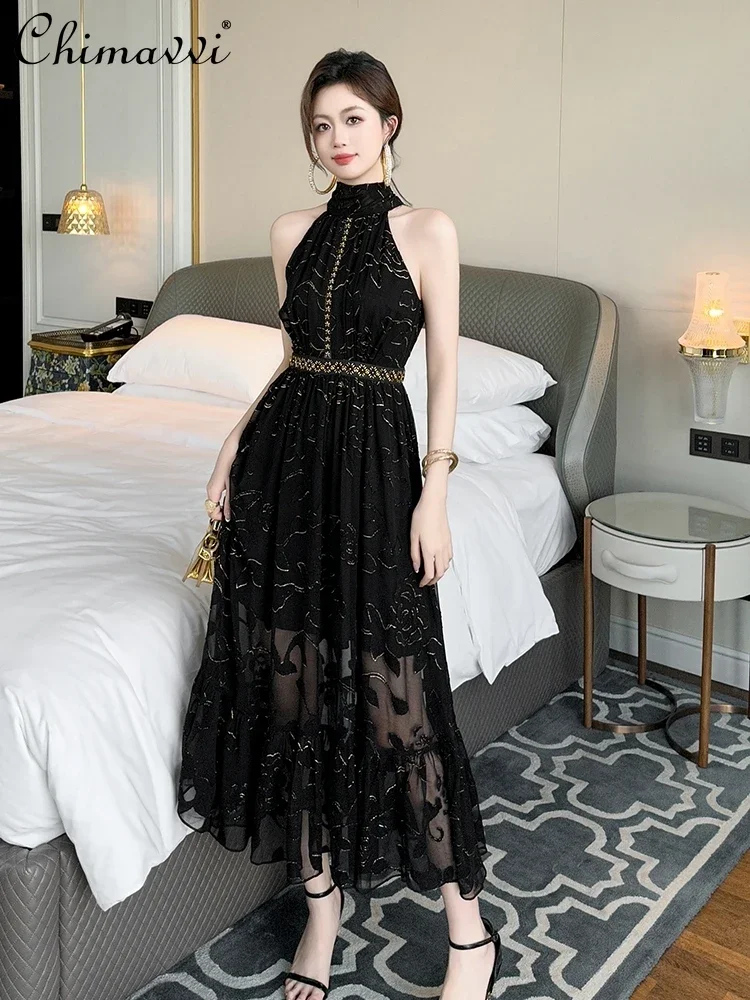 French Hepburn Style Lace-up Halter Neck Off-shoulder Backless High Waist Slim A-line Chiffon Elegance Evening Long Dress Women