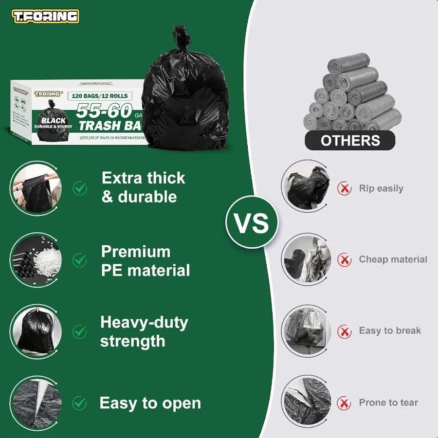 5560갤런 검정색 쓰레기 봉투 120매 40인치x53인치 특대형 50갤런 이상 쓰레기 봉투 무향 강력 대형 쓰레기통 라이너 (건설용)