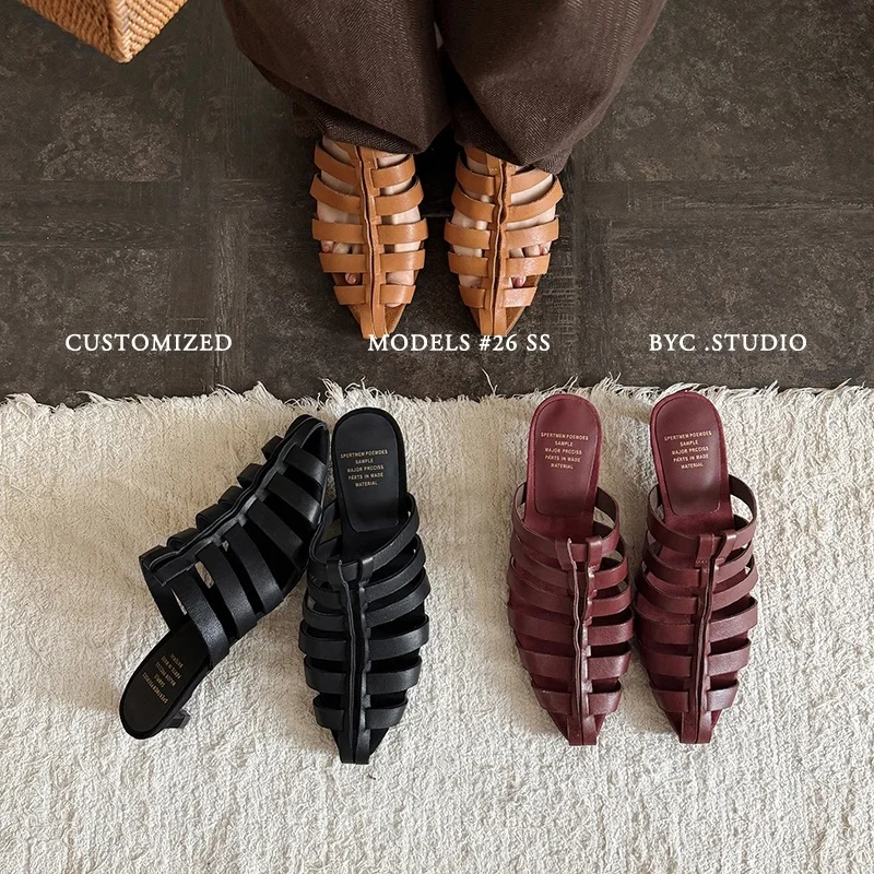 2026 new summer women sandals natural leather plus size 22-25.5cm cowhide+sheepskin pointed toe mules high heel women shoes