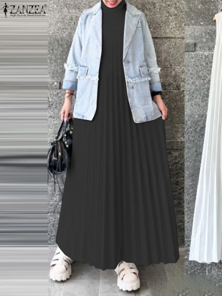 ZANZEA Stand Collar Women Maxi Dress Commute Turkey Hijab Plisse 2024 Trend Abaya Robes Sleeveless Muslim Islamic Pleated Dress