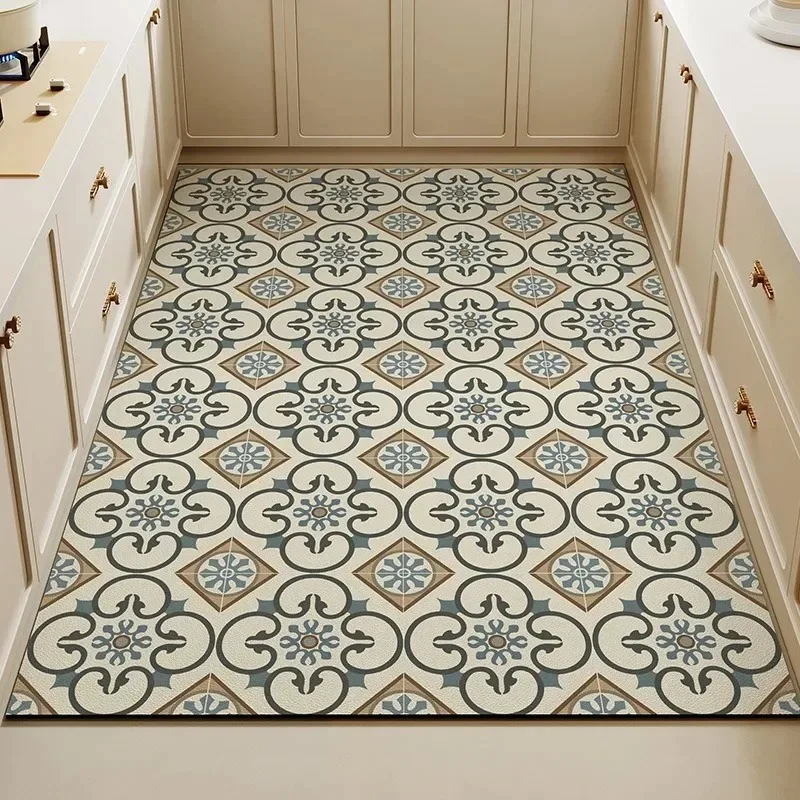 Vintage Floral Tile Print Kitchen Floor Mat, Non-Slip Decorative Runner Rug for Hallway Entryway, Washable Carpet for Home