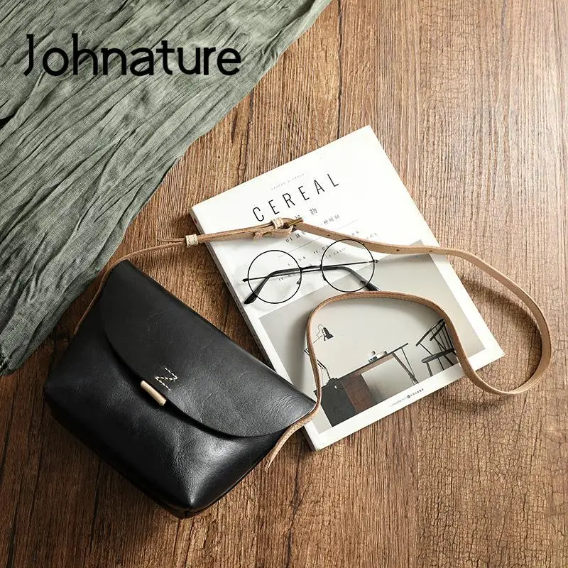 Johnature Simple Natural Soft Cowhide Women Bag 2024 New Vintage Genuine Leather Handmade Solid Color Shoulder & Crossbody Bags