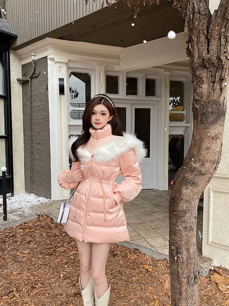 

Зимняя женская пуховая куртка в корейском стиле, средней длины, с зауженной талией, V-образным вырезом, воротником-стойкой, утепленная, на молнии