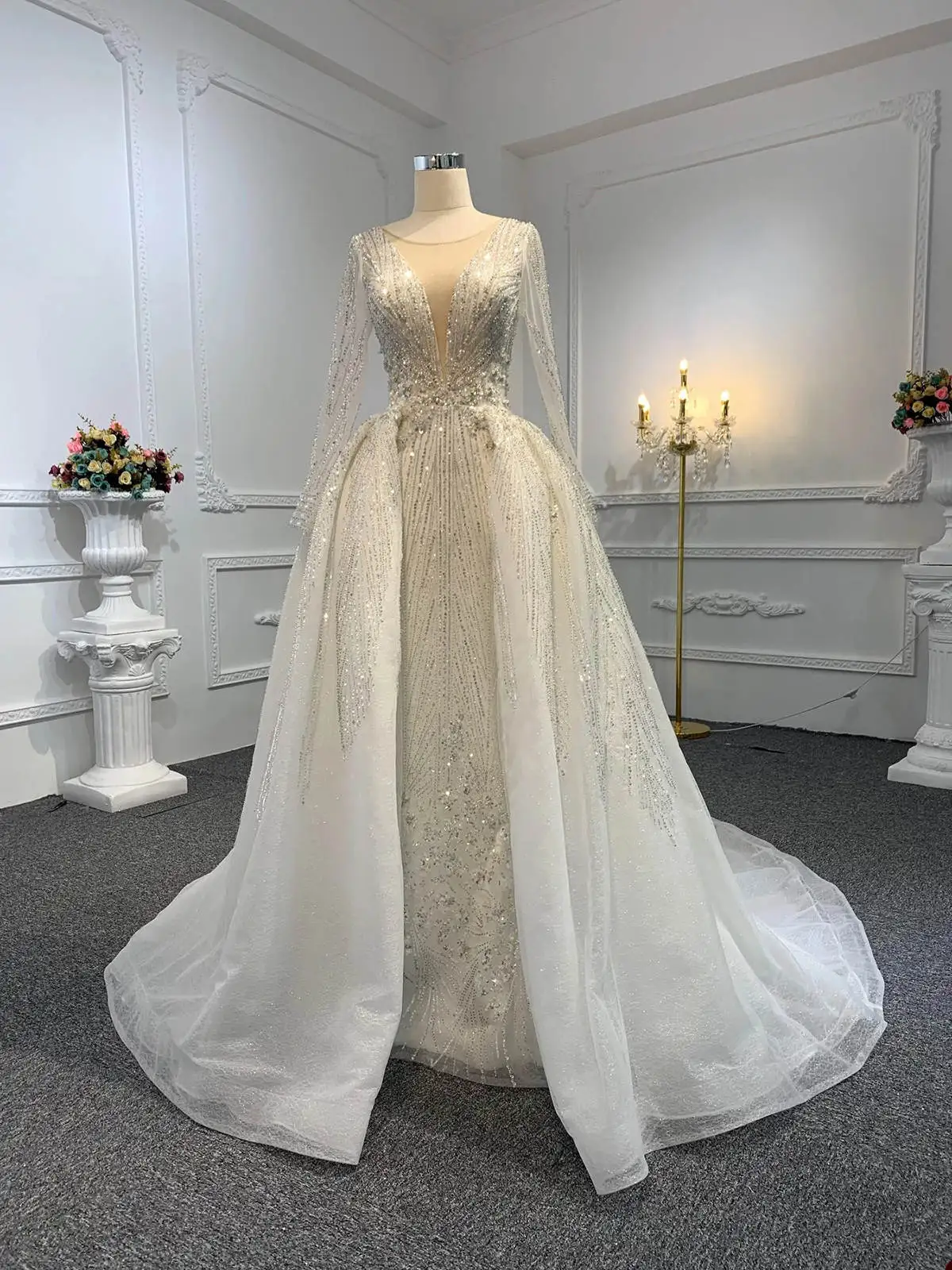 Luxury Mermaid Wedding Dresses For Women Sequins Beaded Bridal Gown Sheer Neck Long Sleeves Detachable Train Dress Custom Made