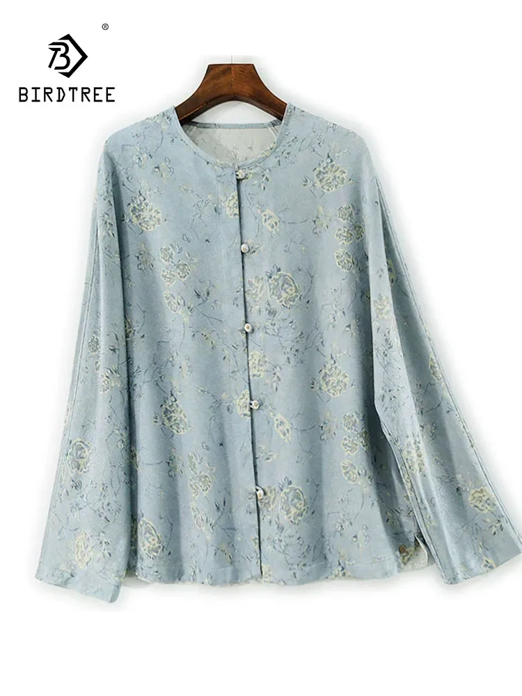 

BirdTree-35% Шелковая элегантная рубашка из 65% шерсти, женская жаккардовая блузка с круглым вырезом, свободная двусторонняя блузка в стиле ретро, осенняя новинка 2023 года T5O432CC