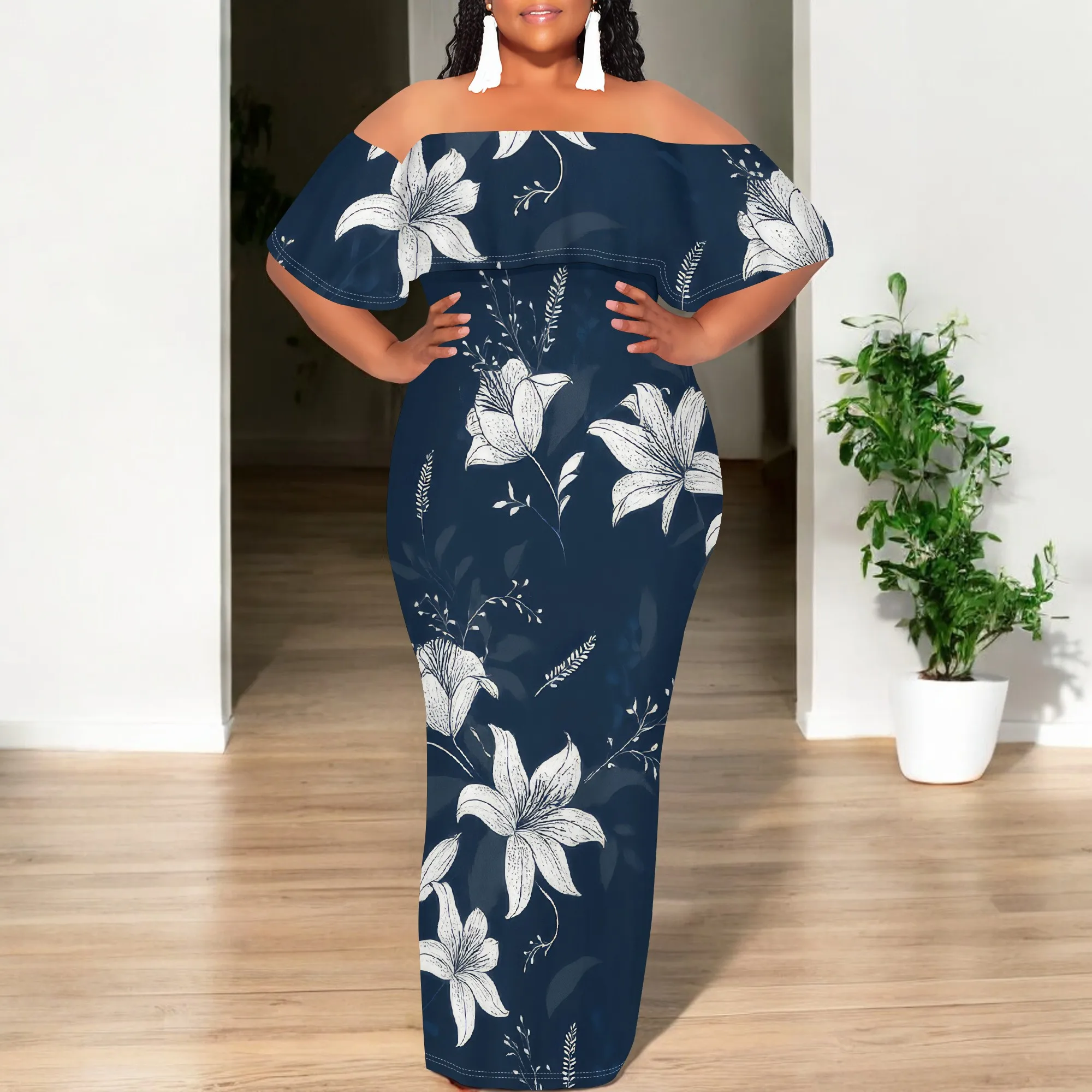 ผู้หญิงปิดไหล่ชุดเซ็กซี่ฮาวายดอกไม้พิมพ์ยาวปาร์ตี้ความยาว Maxi Dress ฤดูร้อนชุดลําลองชายหาด