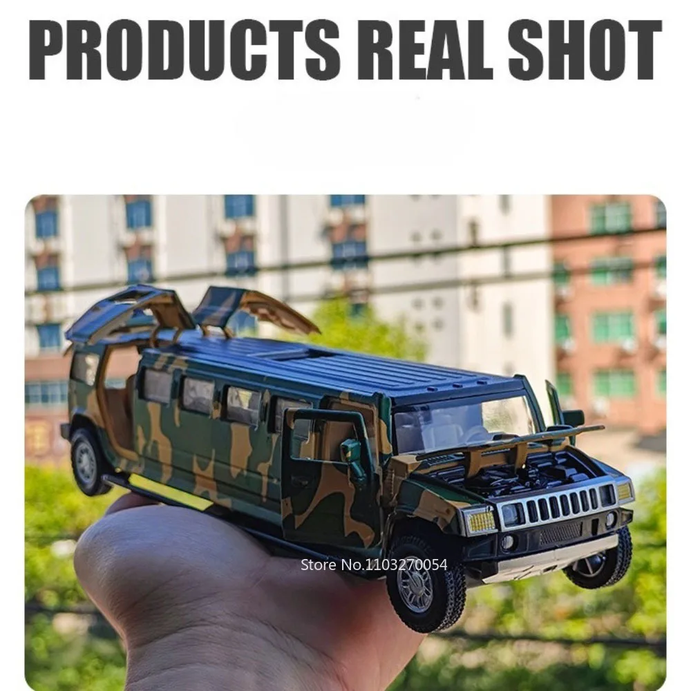 1:32 H2 Alloy Diecast Model Toys Car Extended Version Military Vehicle Sound Ligth Pull Back Doors Opened Cars for Childrens Toy
