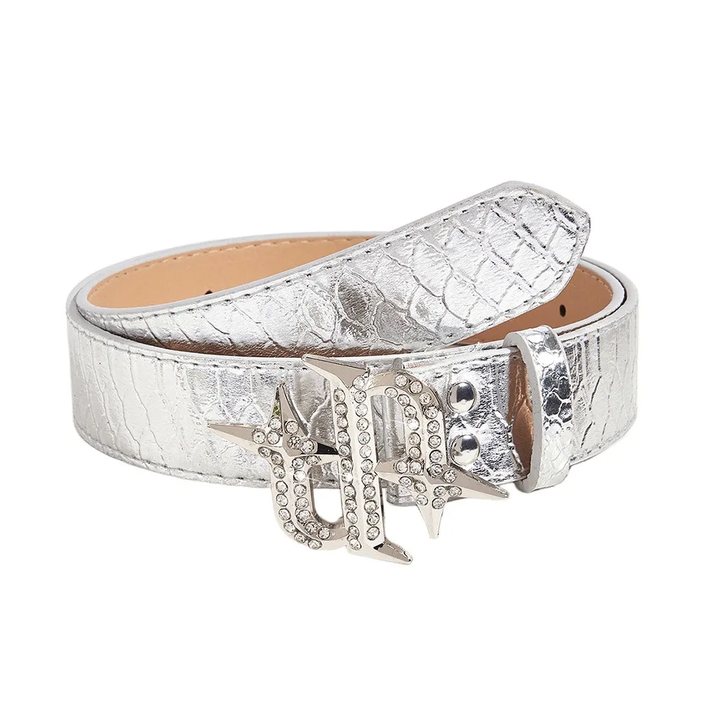 1Pcs New Asymmetric Diamond Belt PU Leather Wide Women Belt Fashionable Alloy Buckle Waist Chain