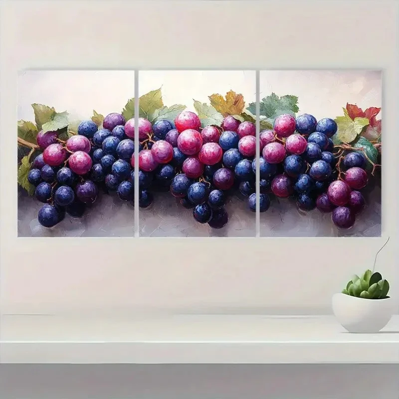2D Flat, 3pcs Decor Botanical Bunch of Grapes Perfect Wall Art Canvas Unframed