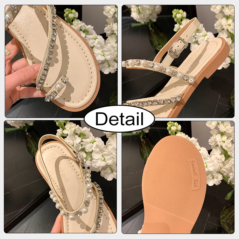 JOZHAMTA Size 34-39 Women Flats Sandals Real Leather Crystal Low Heels Summer Beach Shoes Casual Daily Flip Flops Vacation Dress