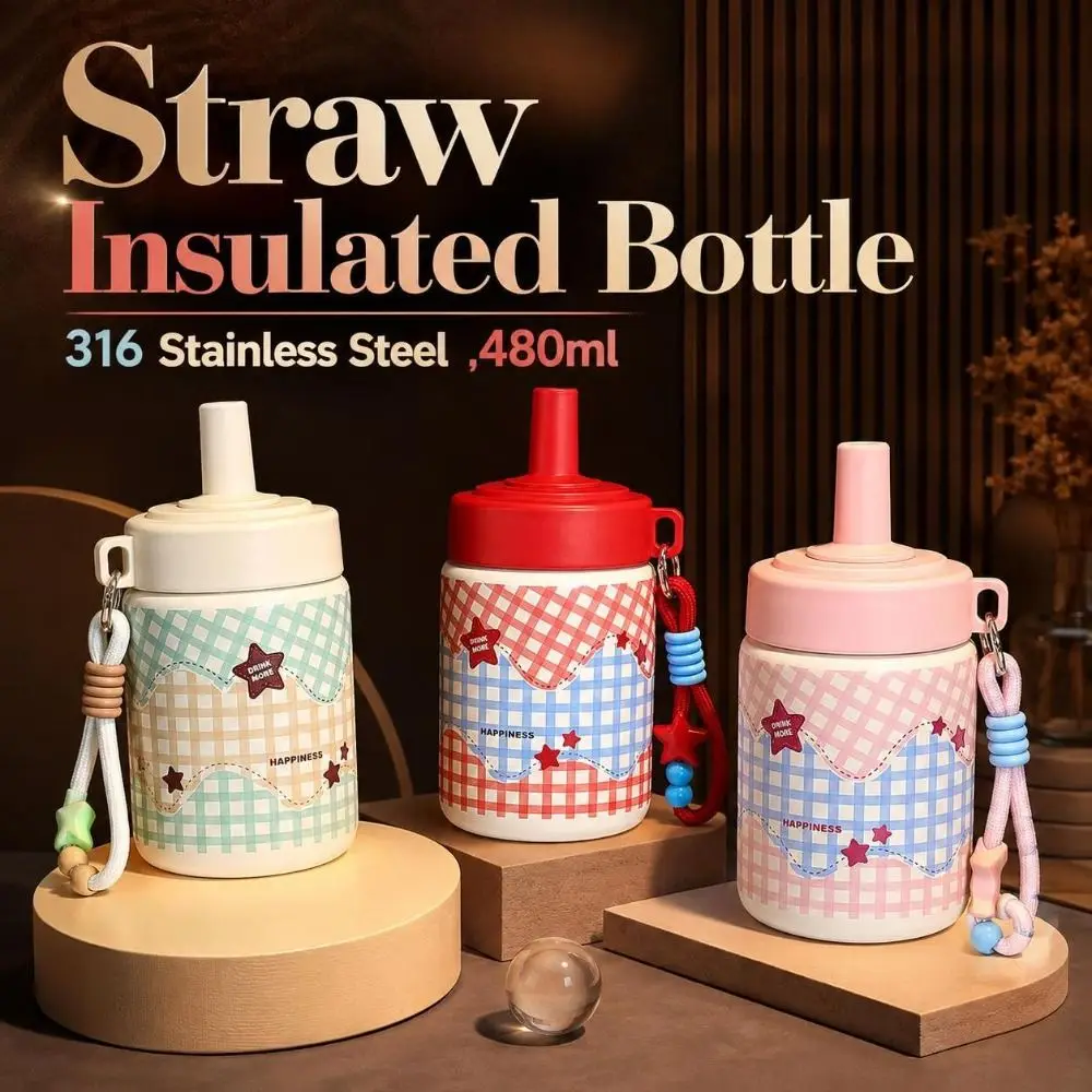 316 Stainless Steel Straw Insulated Bottle 480ml Leak Proof Cartoon Vacuum Mug Handle Rope Heat Retaining