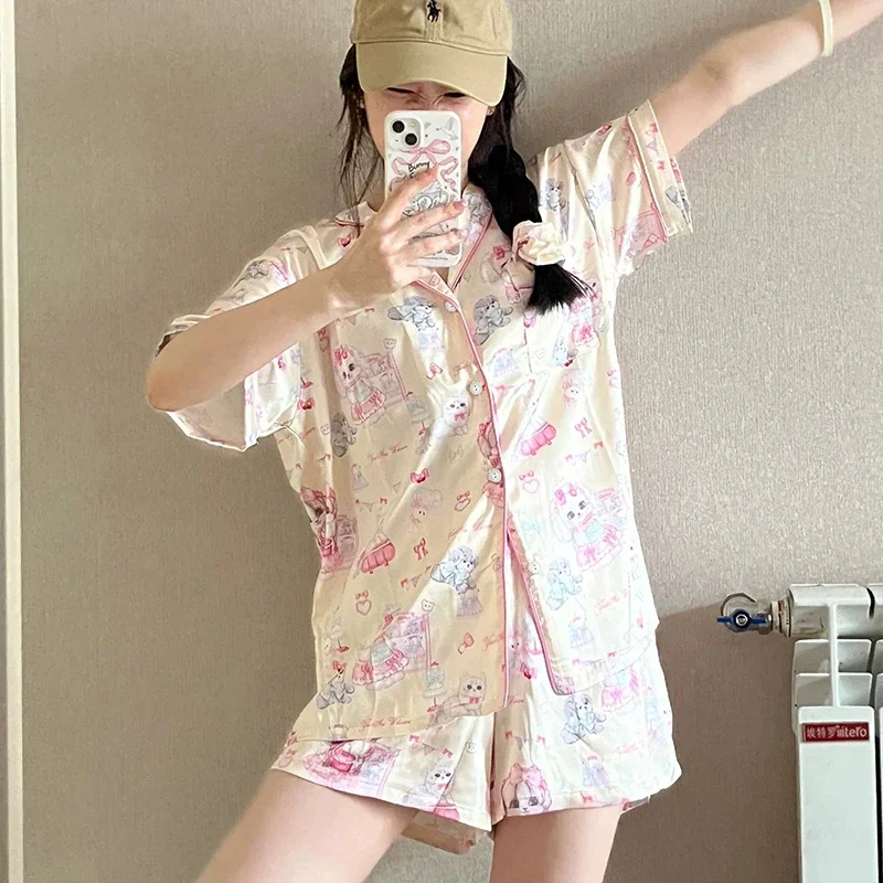 

Милая женская пижама Kawaii в виде маленькой кошки и собаки Y2k, ночная рубашка в японском и корейском стиле Харадзюку С мультипликационным принтом, новинка 2024, летние крутые лаунжи