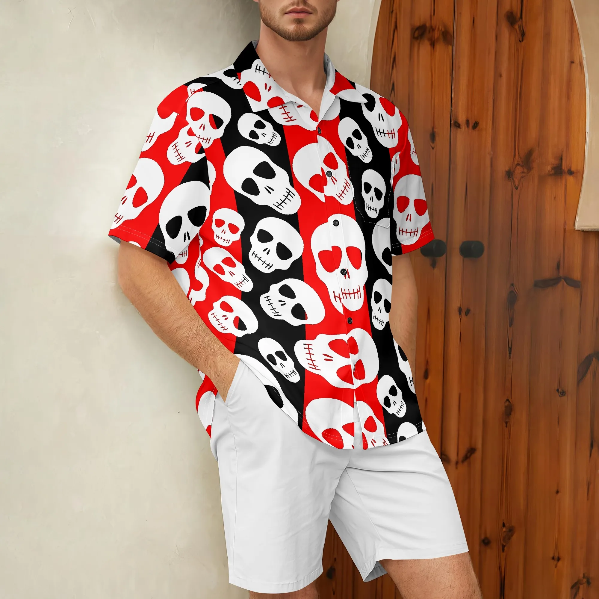 YEAE Red Black Skull Print Shirt for Men Summer Casual Short Sleeve Top