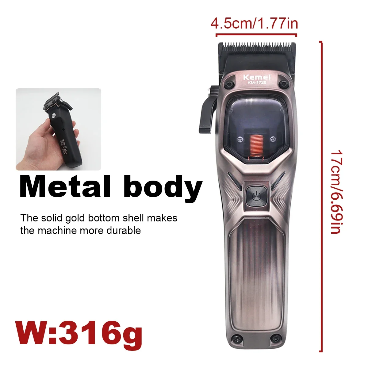 KEMEI KM-1726 Hair Clippers Men Professional with DLC Blade 10000RPM Magnetic Vector Motor Professional Hair Cutting Machine