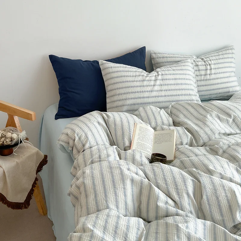 4-Piece Washed Cotton Bedding Set with Stripes & Checks for Homestays