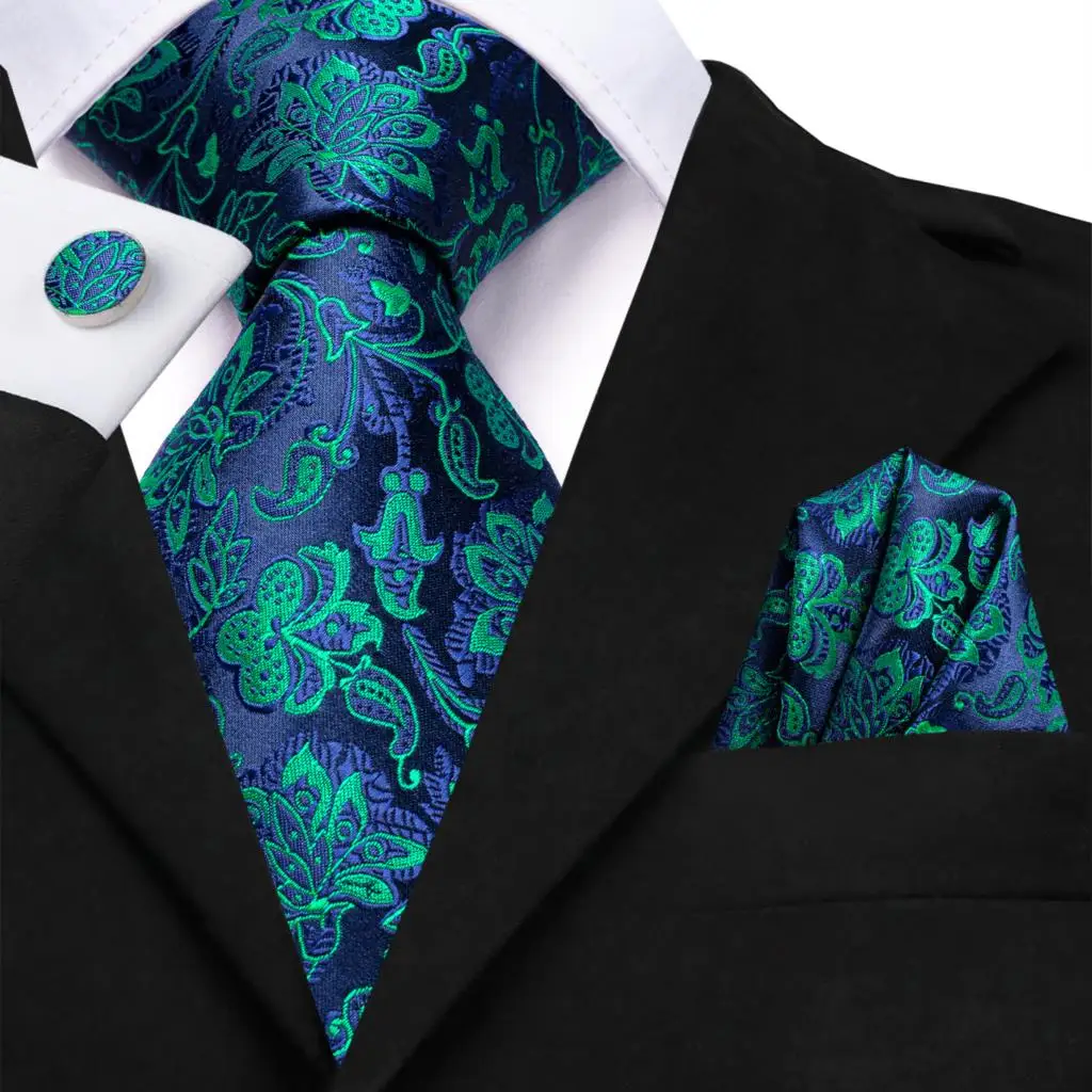 

Peacock Green Blue Floral Silk Wedding Tie For Men Gift Mens Necktie Handky Cufflink Set Fashion Business Dropship Hi-Tie Design