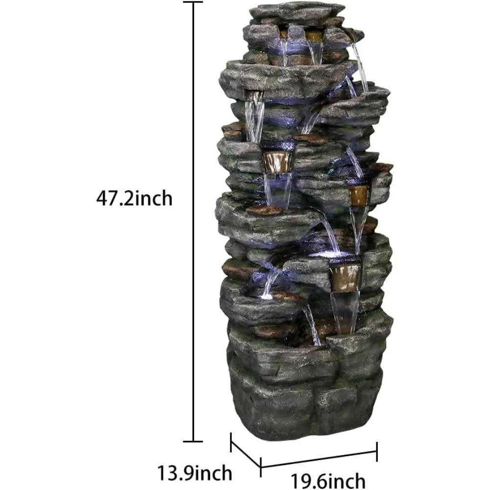 Large Outdoor Water Fountain - 47 1/5” H 9-Tier Outdoor Garden Fountain with LED Light, Stone-Liking Natural Looking Resin