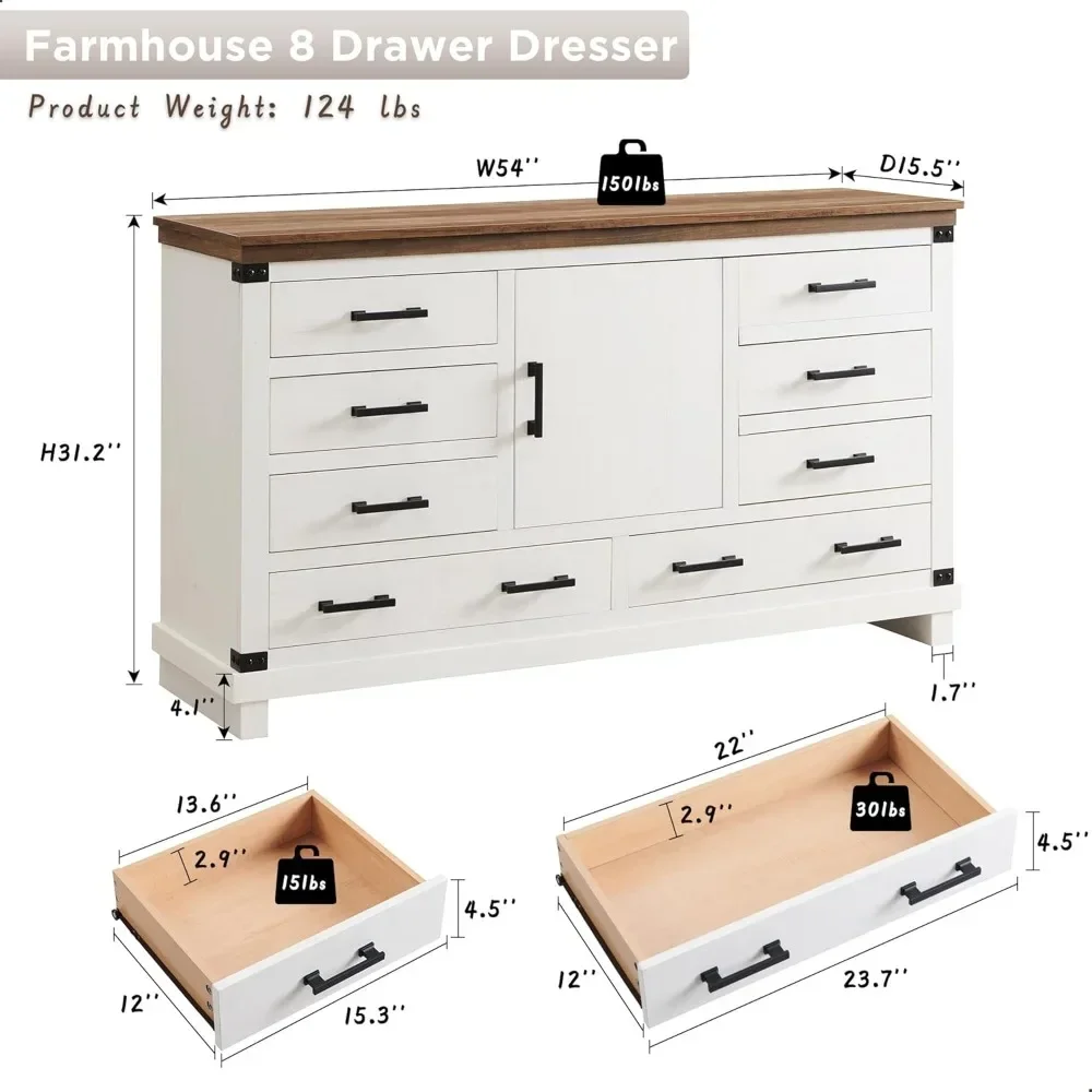 Farmhouse 8 Drawer Dresser for Bedroom with Adjustable Shelf, Wood Long Chest of Drawers with Thick Plank Styling, Rustic Large