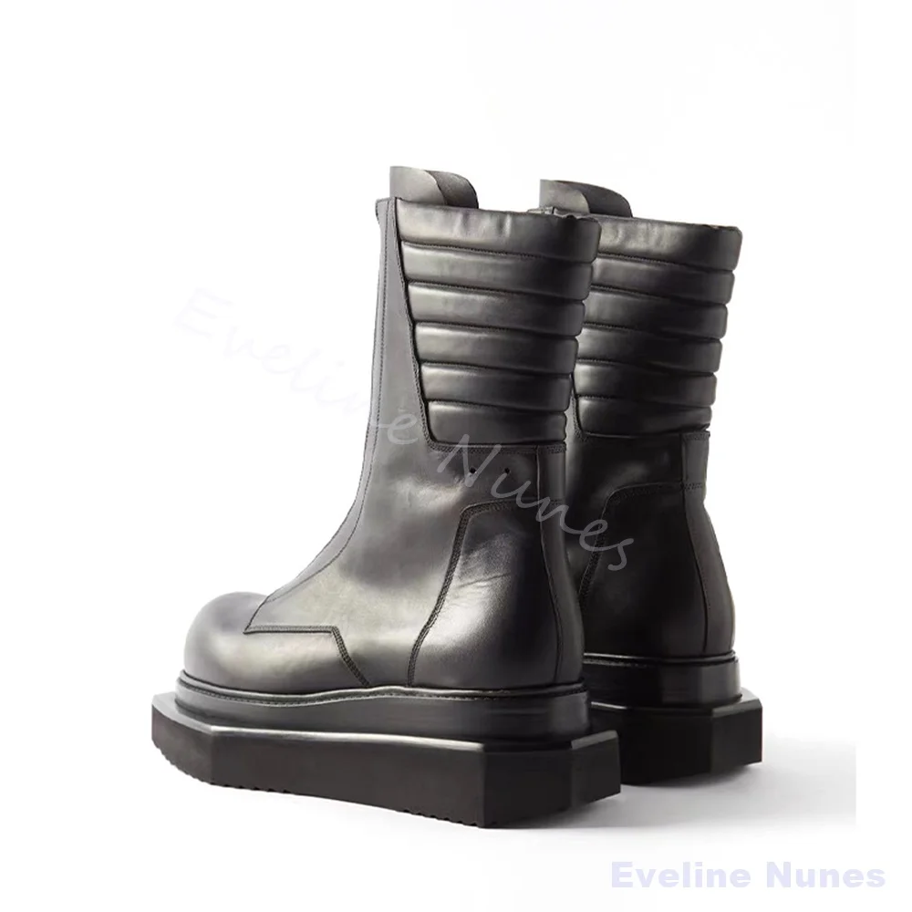 Men Black Platform Mid Calf Boots Round Toe Front Zipper Thick Sole Leather Boots Punk Street Fashion Gothic Motorcycle Boots