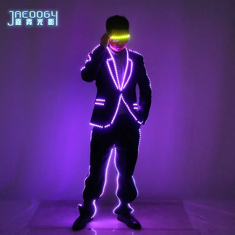 LED luminous suit, evening dance, colorful glasses, stage DJ, atmosphere, clothing, bar, night performance, fluorescent suit