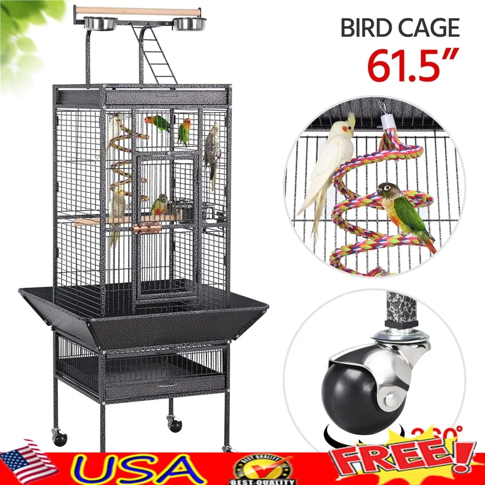Gaiola de metal para papagaio e pássaros, 61,5 polegadas, com escada superior, tigelas de alimentação, fácil limpeza, calopsita, lovebird