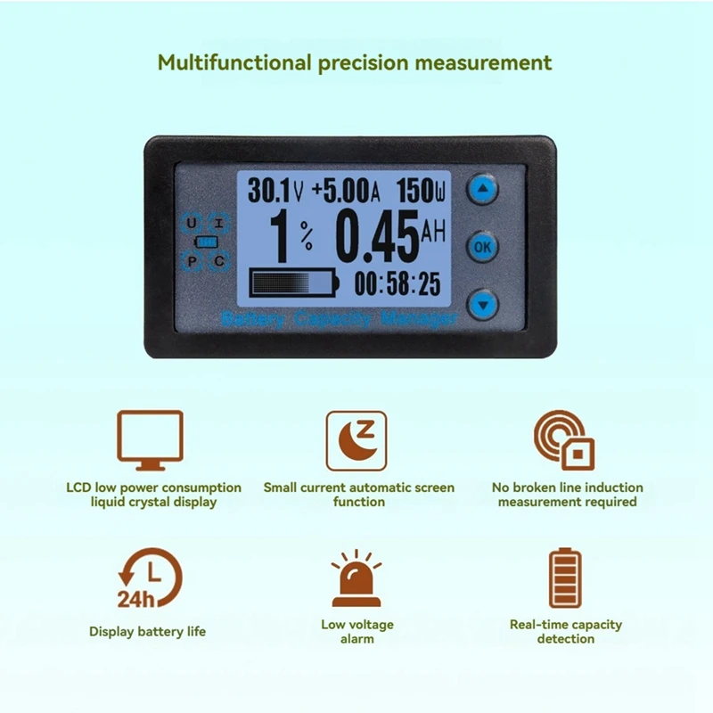 100A Bluetooth Coulometer Battery Capacity Tester Ammeter Voltmeter with 2.4inch LCD Screen for Electric Car RV-A51M