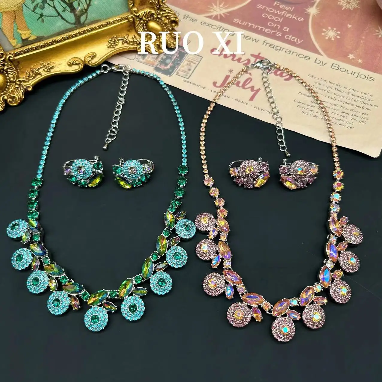 Jewelry Decoration Earrings for Women Colorful Rhinestone Sweet Dream Necklace Earring Set Party Show Gorgeous Luxury Vintage