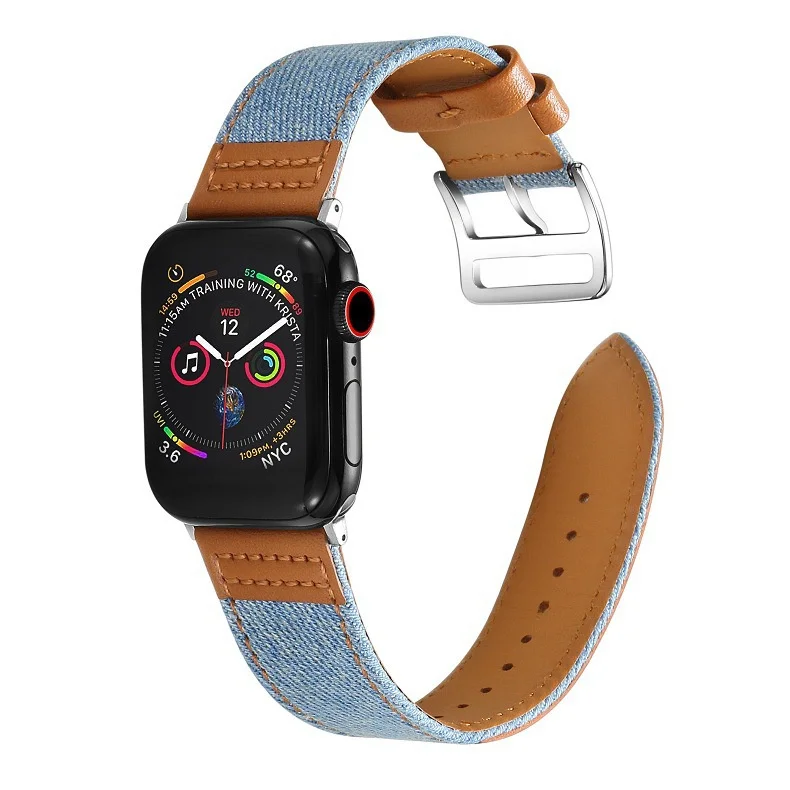 Denim Canvas + Genuine Leather Mixed Color Strap for Apple Watch Series 7/se/6/5/4/3/2/1 (41mm 45mm 42mm 38mm) fashionable