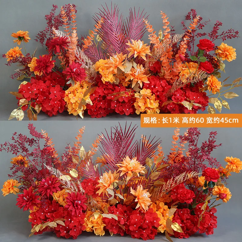 Customize the new wedding ceremony, red road, flower arrangement, wedding hotel decoration simulation, floral props, stage.