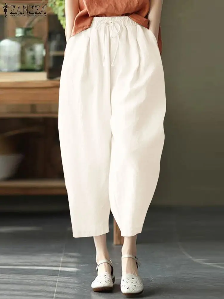 

ZANZEA Vintage Simple Cropped Pants Women Loose Harem Pants 2024 Summer Casual Elastic Waist Pantalon Holiday Wide Leg Trousers