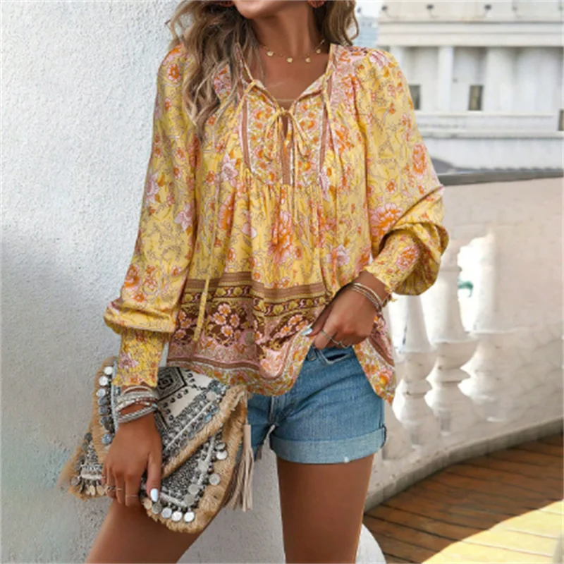 Bohemian Blouse Women Shirt Lace Up Top Spring Autumn Blouses Long Sleeve Pullover Cotton Printed Tie Blous Loose Casual Shirt
